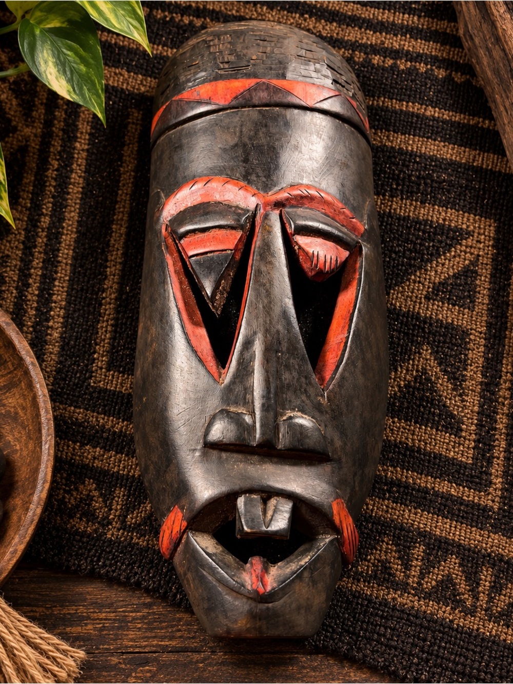 Hand Carved Wood Folk Art Mask Black Red Tribal Style Wall Decor 15”